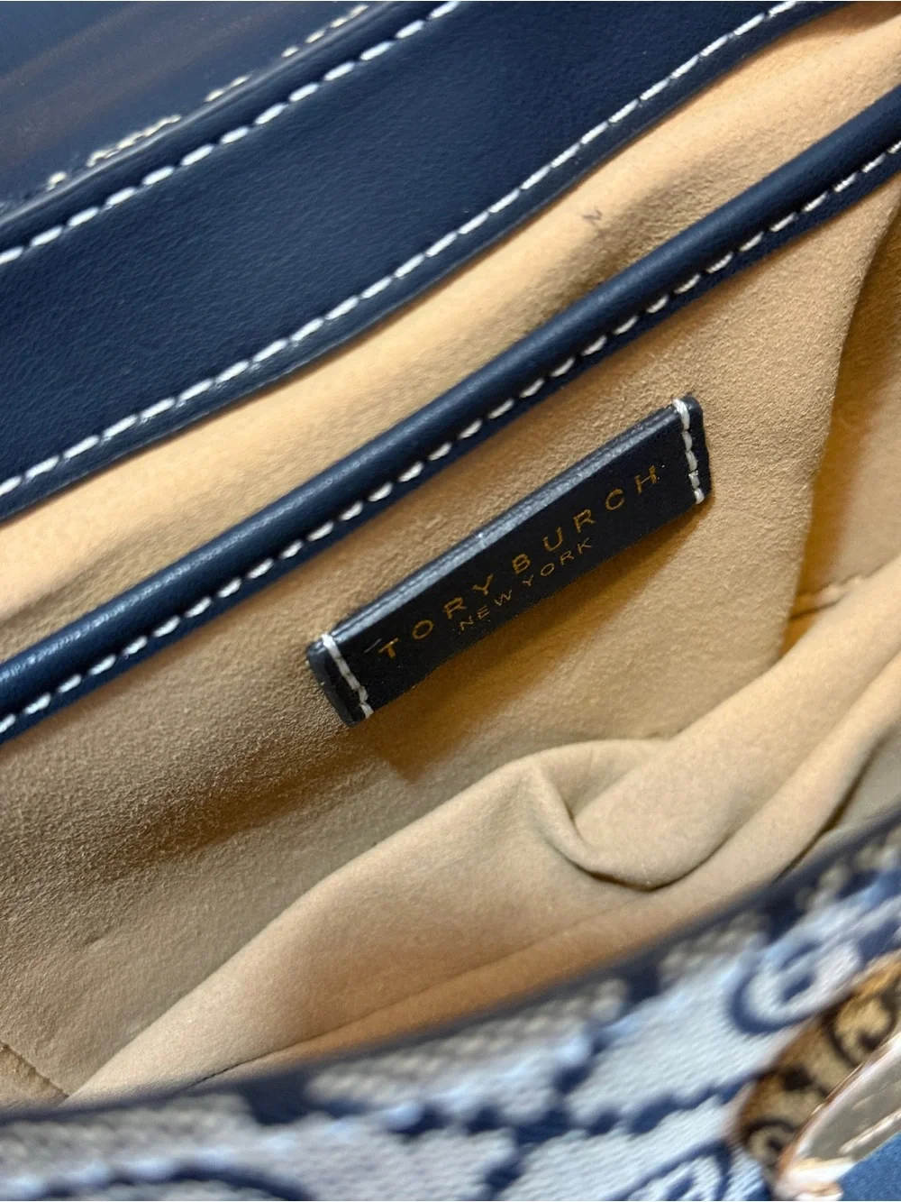 Tory Burch Navy & Beige Crossbody Bag with Gold Buckle